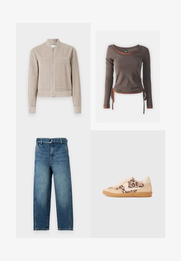 Veste bomber en velours côtelé beige avec fermeture éclair, deux poches avant, poignets côtelés et col montant. Tissu texturé avec des rayures verticales.; Haut à manches longues marron avec un décolleté arrondi, comportant un design froncé noué à la taille et des accents marron contrastants au niveau des poignets et de l'ourlet.; Jean en denim bleu avec une taille haute, des jambes larges et une ceinture avec un anneau en métal. Présente des décolorations et des effets d'usure subtils sur le tissu.; Baskets en imprimé léopard avec tige en suède beige, semelle en caoutchouc tan et accents blancs. Bout rond et design à lacets avec une finition texturée.