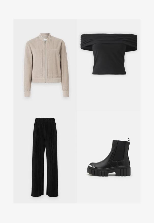Bežová kordurová bomber bunda so zipsom, dvoma prednými vreckami, ribovanými manžetami a stojacím golierom. Textúrovaná látka s vertikálnymi pruhmi.; Čierny top s odhalenými ramenami, so zhlukovanou textúrou na výstrihu, krátkymi rukávmi a priliehavým skráteným strihom. Vyrobený z elastického materiálu.; Čierne plisované nohavice s elastickým pásom. Majú široké nohavice a hladkú, textúrovanú látku s vertikálnymi pruhmi.; Čierne členkové čižmy vyrobené z hladkej kože s elastickými panelmi, hrubou platformovou podrážkou a kovovou špičkou.