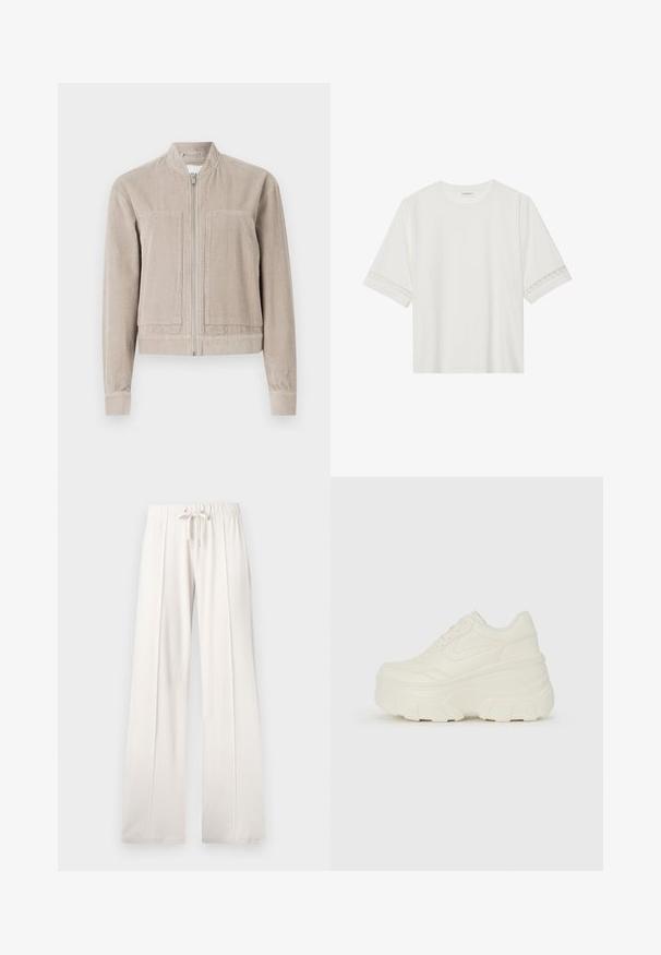 Beige corduroy bomber jacket with a zip closure, two front pockets, ribbed cuffs, and a stand-up collar. Textured fabric with vertical stripes.; White short-sleeve t-shirt made from cotton, featuring decorative lace trim along the sleeves and a round neckline.; Light beige sweatpants made of soft fabric, featuring a drawstring waist, wide legs, and vertical seams, with a smooth texture.; White platform sneakers featuring a smooth leather-like upper, rounded shape, padded collar, and textured rubber sole with defined treads.