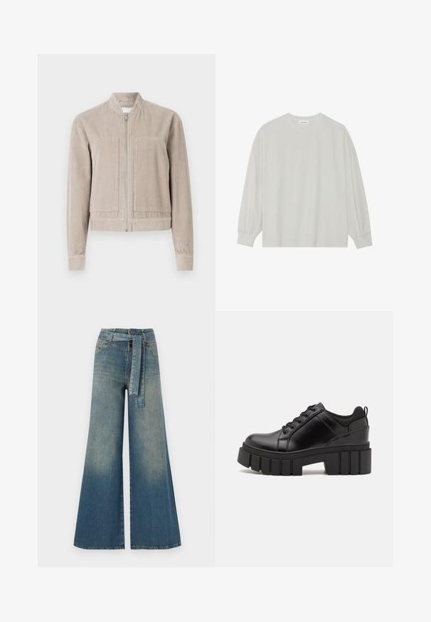 Beżowa kurtka bomber z materiału sztruksowego z zamkiem błyskawicznym, dwoma przednimi kieszeniami, ściągaczami na mankietach i kołnierzem stojącym. Teksturowany materiał z pionowymi paskami.; Jasnoszara, długorękawowa koszulka z miękkiej bawełny. Posiada luźny krój, okrągły dekolt oraz delikatnie marszczone mankiety. Brak wzorów i grafik.; Szerokie spodnie dżinsowe z gradientem od jasnoniebieskiego do ciemnoniebieskiego, wysokim stanem, szlufkami na pasek oraz pasującym paskiem z tkaniny. Teksturowany wykończenie dżinsu.; Czarne skórzane buty na platformie z masywnym słupkowym obcasem, okrągłym noskiem i klasycznym sznurowaniem. Posiadają gładką teksturę i minimalne wykończenia.