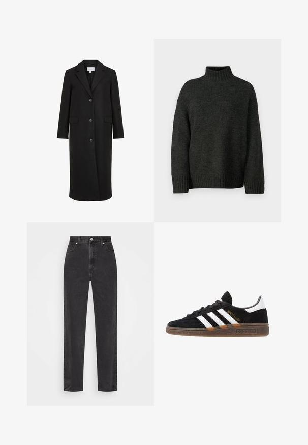 Svart ullfrakk med skreddersydd design, med slagkrage, lange ermer, tre frontknapper og sidelommer. Glatt tekstur.; Vero Moda Tall VMMADDIE HIGHNECK PULL - Strikkegenser - dark grey melange; Sorte denim jeans med høy midje, rett ben, frontknapp og glidelås, og fem-lomme stil på en hvit bakgrunn.; Sorte Adidas sneakers med hvite striper, gull "Spezial" tekst, gummisåle og hvit hælklaff, vist fra profil.