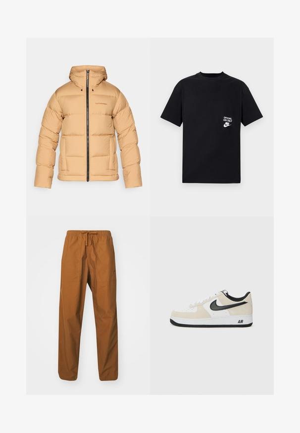 Bež jakna s kapuljačom, s prednjim zatvaračem, u kvadratičnom uzorku i dva bočna džepa. Napravljena od glatkog, laganog materijala.; Crna pamučna majica kratkih rukava, okruglog izreza, s bijelim natpisom "SAMO ZA SLUŽBENU UPOTREBU" i Nike logom na lijevoj strani prsiju.; Smeđe, lagane hlače sa vezicom u struku i elastičnim pojasom, s dva bočna džepa i glatkom teksturom.; Tenisice sa svijetlosmešavom suedinom i bijelim kožnim gornjištem, crnim Nike swoosh-om, crnim detaljima i bijelom gumiranom potplatom s "AIR" brendingom.