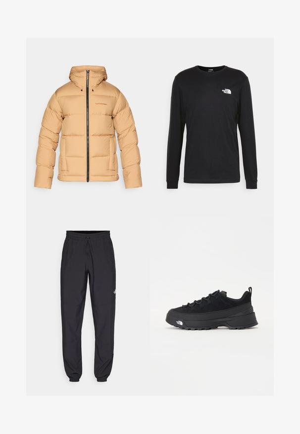 Jachetă pufină bej cu glugă, cu un fermoar frontal, model matlasat și două buzunare laterale. Fabricată dintr-un material neted și ușor.; Tricou negru cu mânecă lungă din bumbac, având un logo alb pe partea stângă a pieptului și mansete cu țesătură fină. Textură netedă cu decolteu rotund.; Pantaloni atletici negri, confecționați dintr-un material ușor, cu un tiv elastic la talie, buzunare laterale și tivuri ajustate la gleznă.; Tenisi de exterior negri cu superior din daim, talpă din cauciuc texturat și sistem de șireturi solid. Prezintă un călcâi întărit și un logo al mărcii pe lateral.