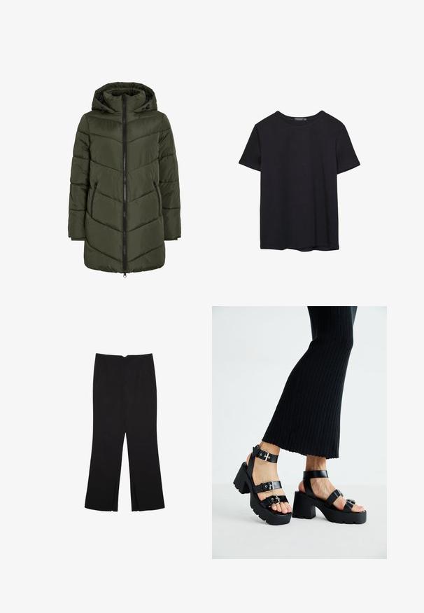 Olivovozelená nafúknutá bunda s kapucňou, ktorá má zips vpredu, bočné vrecká a ševové prešívanie pre textúru a izoláciu.; Jednoduché čierne bavlnené tričko s krátkym rukávom a okrúhlym výstrihom, umiestnené na bielom pozadí.; Čierne nohavice so strihom rovného strihu, s prednými vreckami a bočnými rozparkami na leme. Vyrobené z mäkkej, hladkej tkaniny. Vhodné na rôzne príležitosti.; Čierne platformové sandále s robustnými, zúbkovanými podrážkami a viacerými popruhmi, s kovovými prackami a hladkým textúrou pripomínajúcou kožu.
