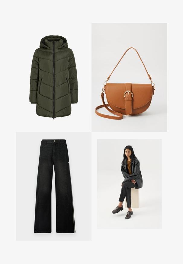 Olive zaļš pūkains jaka ar kapuci, ar rāvējslēdzēja priekšpusi, sānu kabatām un šuvēm līdzīgām četrstūru formām, kas nodrošina tekstūru un siltumizolāciju.; Jūras spēku garo piedurkņu krekls mīkstā audumā, ar apaļu kakla izgriezumu un plakaniem šuvēm uz piedurknēm, ar brīvu piegriezumu.; Platām kājām melni džinsi ar kontrastējošām melnām sānu ieliekumiem. Iespējas ietver klasisku džinsu tekstūru, sudraba pogu aizdari un baltas akcentējošas svītras.; Melna ādas pārāk liela jaka, oranža blūze, pelēkas pielāgotas bikses un brūni jostu apavi, sēž uz gaiša bloka baltā fona.; Brūns ādas plecu soma ar izliekta formu, zelta piederumiem un sprādzes akcentu. Iesaiņota ar noņemamu plecu siksnu.