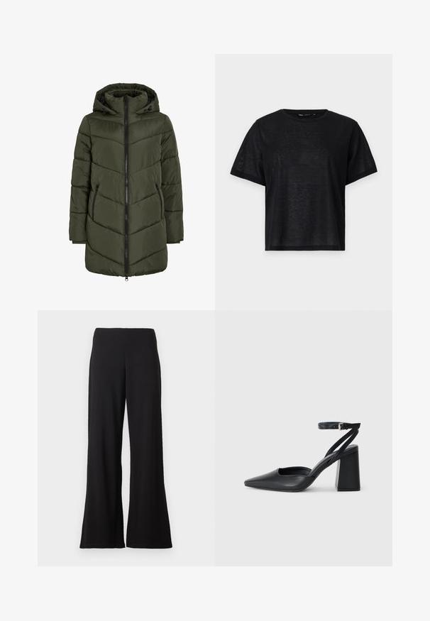 Olive zaļš pūkains jaka ar kapuci, ar rāvējslēdzēja priekšpusi, sānu kabatām un šuvēm līdzīgām četrstūru formām, kas nodrošina tekstūru un siltumizolāciju.; Melnas īsā piedurkņu T-kreklis ar brīvu piegriezumu, ar gludu tekstūru un apaļu kakla izgriezumu. Viegls audums ar smalku spīdumu.; Melna plaša kāju bikses ar augstu jostu un gludu audumu uz vienkrāsaina baltā fona.; Melna ādas augstpapēžu kurpe ar norakstīto purngala formu, potītes siksniņu un masīlu papēdi. Gluda tekstūra, elegants dizains un minimālisma estētika.