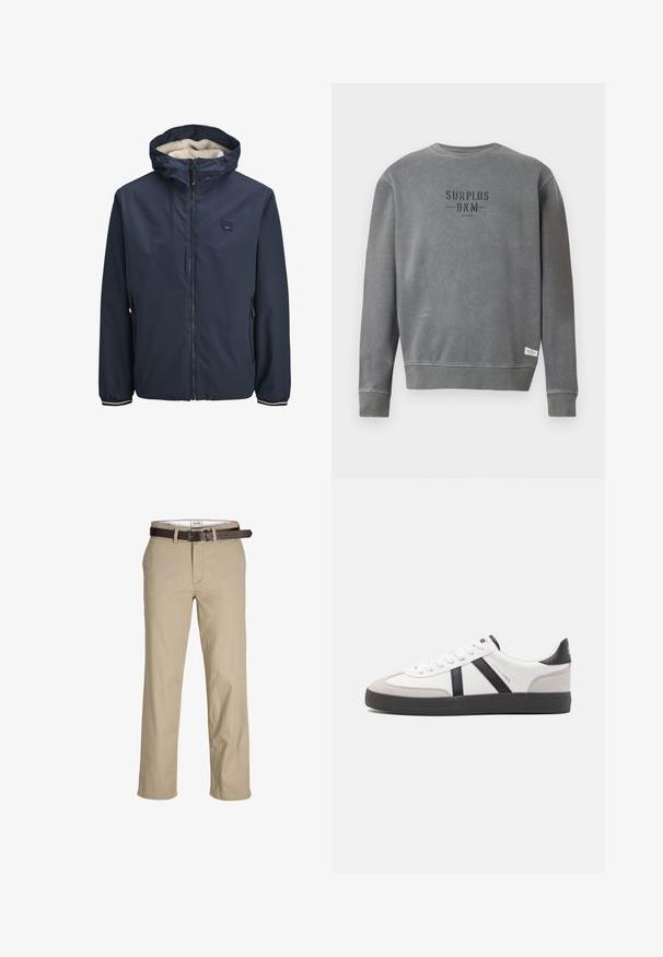 Dunkelblaues Jacket mit Reißverschluss vorne, fleecegefütterter Kapuze, zwei Seitentaschen und gestreiften Bündchen. Hergestellt aus glattem, wetterbeständigem Material.; Grau langärmliger Crewneck-Sweatshirt mit in Schwarz auf der Brust gedrucktem "SURPLUS DNM"-Text und einem kleinen weißen Etikett nahe dem Saum.; Beige Baumwollhosen mit geradem Schnitt, ausgestattet mit Gürtelschlaufen, einem braunen Ledergürtel und einem klassischen Design. Glatte, robuste Textur.; Weiße Sneaker mit schwarz- und grau-aczenten, ausgestattet mit einer strukturierten grauen Zehenkappe, schwarzer Gummi-Sohle und flachen weißen Schnürsenkeln. Sauberes Design, minimalistische Stil.