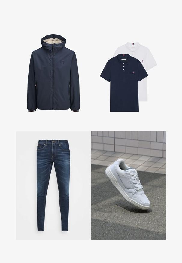 Giacca blu navy con zip frontale, cappuccio foderato in pile, due tasche laterali e polsini a strisce. Realizzata in materiale liscio e resistente alle intemperie.; Due polo shirt: uno blu navy e uno bianco, entrambi con un piccolo accento rosso, bianco e blu sulla tasca del petto e sul colletto.; Jeans in denim blu scuro con vestibilità slim, leggero sbiadito, cinque tasche e chiusura con bottone in metallo. Dettagli cuciti in un colore a contrasto.; Sneaker bianca in pelle con lati perforati, accenti testurizzati, lacci piatti e tallone grigio a contrasto. Presenta una suola leggermente elevata.