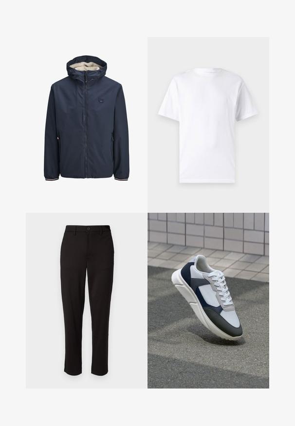 Giacca blu navy con zip frontale, cappuccio foderato in pile, due tasche laterali e polsini a strisce. Realizzata in materiale liscio e resistente alle intemperie.; T-shirt bianco a maniche corte in cotone con scollo rotondo, caratterizzato da una texture morbida e un design semplice senza motivi o accenti.; Pantaloni neri in tessuto leggero, con gamba dritta, chiusura frontale con bottone, passanti per cintura e tasche laterali.; Sneaker bianca, blu navy e grigia con un design a materiali misti, caratterizzata da una tomaia testurizzata, lacci piatti e una suola imbottita.