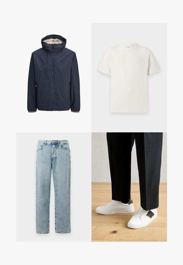 Navy blue jacket with a zip front, fleece-lined hood, two side pockets, and striped cuffs. Made from smooth, weather-resistant material.; White short-sleeve T-shirt in a ribbed texture. Round neckline, relaxed fit, no visible patterns or accents. Simple and versatile design.; Light blue straight-leg denim jeans with a button and zipper closure, front pockets, and subtle faded detailing.; White sneakers with smooth texture, featuring brown leather accents and black detailing, paired with black tailored pants. Wooden floor background.