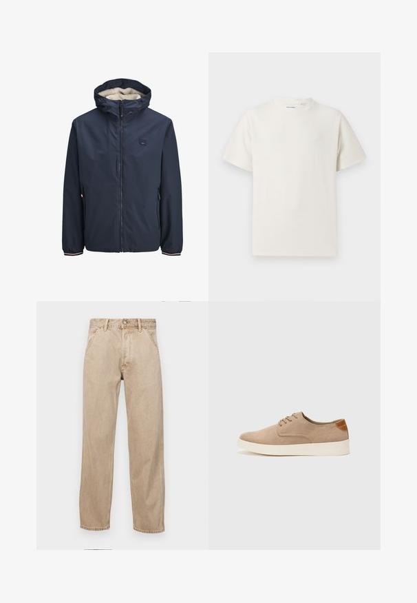 Mornaricno plava jakna s patentnim zatvaračem sprijeda, kapuljača s flis podstavom, dva bočna džepa i rukavi s prugama. Izrađena od glatkog, vremenskim uvjetima otpornog materijala.; Bijela kratka majica s kratkim rukavima u rebrastoj teksturi. Okrugli izrez, ležeran kroj, bez vidljivih uzoraka ili akcenta. Jednostavan i svestran dizajn.; Bež teksas traperice ravnog kroja, s prednjim džepovima, metalnim zakopčavanjem i suptilnom teksturom.; Bež nubuk tenisice s okruglim vrhom, vezanjem sprijeda i teksturiranim stražnjim naglaskom. Bijela gumena potpetica pruža kontrast. Jednostavan i moderan dizajn.