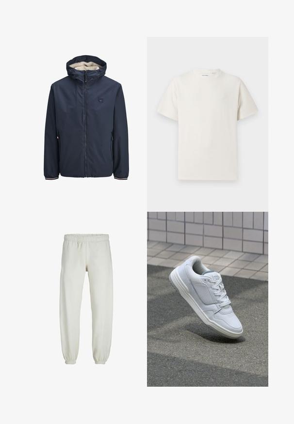 Tumedast sinine jakk, millel on lukuga esiosa, fliisist voodriga kapuuts, kaks küljetaskut ja triibulised mansetid. Valmistatud siledast, ilmastikukindlast materjalist.; Valge lühikeste varrukatega T-särk ribakudumises. Ümar kaelus, mugav lõige, nähtavad mustrid ega aksessuaarid puuduvad. Lihtne ja mitmekesine disain.; Valged trennipüksid, mis on valmistatud pehmest kangast, elastse vöökoha ja mansettidega, sileda tekstuuri ja lõdva lõikega.; Valge nahkne toss, millel on perforeeritud külgedega, tekstuuriga aktsendid, lame pael ja kontrastne hall konts. Omab veidi tõstetud tallat.