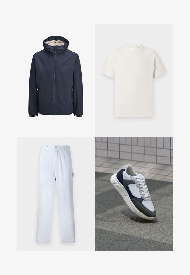Marineblå jakke med lynlås foran, fleece-fôret hette, to sidelommer og stripete mansjetter. Laget av glatt, værbestandig materiale.; Valkoinen lyhythihainen T-paita ribbikuviossa. Pyöreä kaula-aukko, rento istuvuus, ei näkyviä kuvioita tai yksityiskohtia. Yksinkertainen ja monikäyttöinen muotoilu.; Vaaleansinisiä raidallisia housuja, jotka on valmistettu puuvillasta. Suora lahjemuotoilu, jossa on etunappi ja sivutaskut. Pehmeä pinta.; Valkoinen, laivastonsininen ja harmaa tennari sekamateriaalimuotoilulla, jossa on teksturoitu päällinen, litteät nauhat ja pehmustettu pohja.