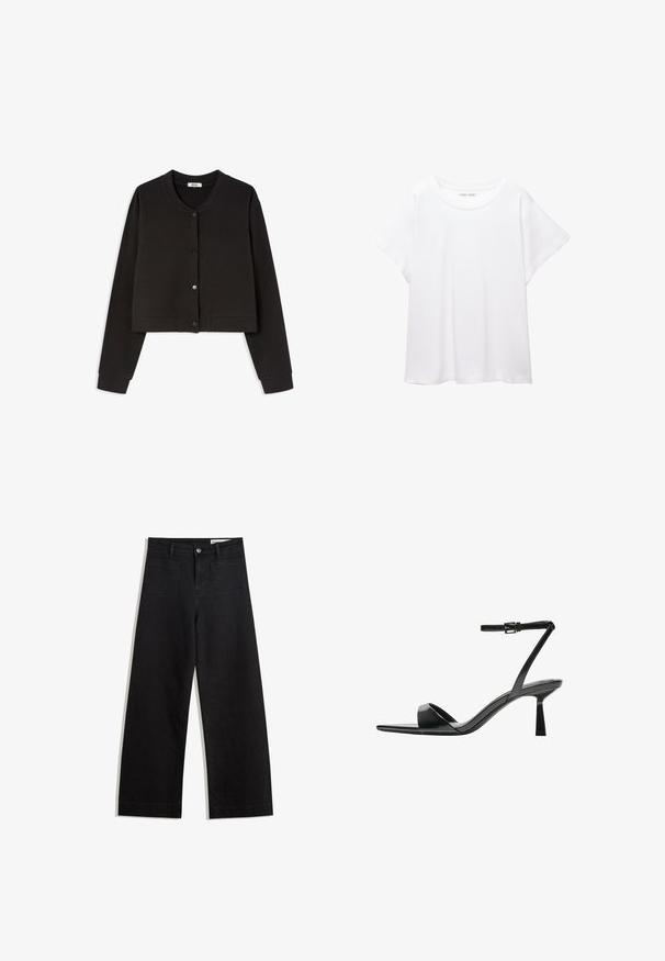 Černý zkrácený kardigan vyrobený z měkké tkaniny, s dlouhými rukávy, kulatým výstřihem a pěti předními knoflíky s hladkým povrchem.; Bílý tričko vyrobené z měkké, lehké tkaniny. Má kulatý výstřih a krátké, široké rukávy s uvolněným střihem. Bez viditelných vzorů.; Černé denimové kalhoty s volným střihem a vysokým pasem, vybavené předními a zadními kapsami, prošívanými švy a knoflíkovým zapínáním. Hladká textura.; Bershka Sandály na vysokém podpatku - black