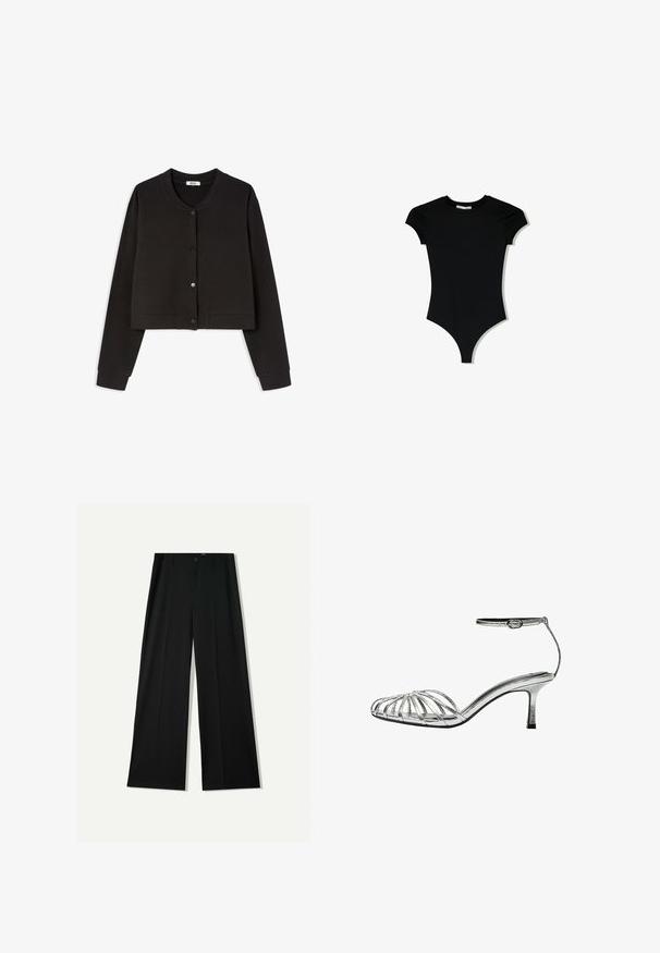 Black cropped cardigan made of soft fabric, featuring long sleeves, round neckline, and five front buttons with a smooth texture.; Black short-sleeve bodysuit with a rounded neckline and high-cut leg openings, made from a smooth, stretchy fabric.; Bershka WIDE - Trousers - black; Silver strappy sandal with a low heel, featuring multiple crisscross straps, an ankle strap with a buckle, and a smooth, shiny texture.