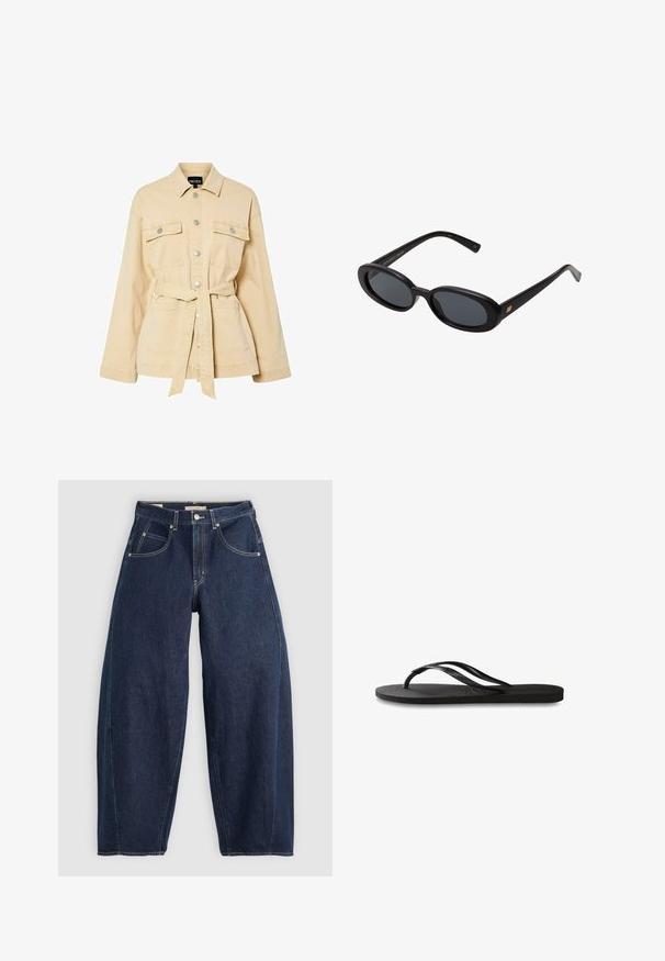 Beige bälte jacka gjord av bomullstwill med metallknappar, två bröstfickor och en strukturerad krage. Mjuk textur och avslappnad passform.; Vit bomull t-shirt med korta ärmar och rund halsringning. Har en rosa etikett på insidan av halsen. Slät textur.; Mörkblå denimjeans med en lös passform, ljusa sömmar, fem fickor och knappstängning vid midjan.; Svart flip-flop med en texturerad gummisula, två slanka remmar och en subtil, präglad logodetalj på remmen.; Svarta överdimensionerade solglasögon med ovala linser, slät plastbåge och guldaccent på bågarna. Mörka linser ger solskydd.; Vävd halm tote väska med en bred, avsmalnande form, utrustad med två svarta läderhandtag. Naturlig beige färg med en texturerad yta.