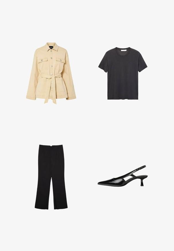 Beige bälte jacka gjord av bomullstwill med metallknappar, två bröstfickor och en strukturerad krage. Mjuk textur och avslappnad passform.; Svart t-shirt med rund halsringning tillverkad av mjuk bomull. Korta ärmar, avslappnad passform och rak fåll utan utsmyckningar eller mönster.; Svarta byxor med rak passform, utrustade med framfickor och sidoklyvningar vid fållen. Tillverkade av mjukt, slätt tyg. Lämpliga för olika tillfällen.; Svart lackläder slingback-klackar med spetsig tå, utskuren sidor och en liten fyrkantig klack. Slät textur med minimala accenter.
