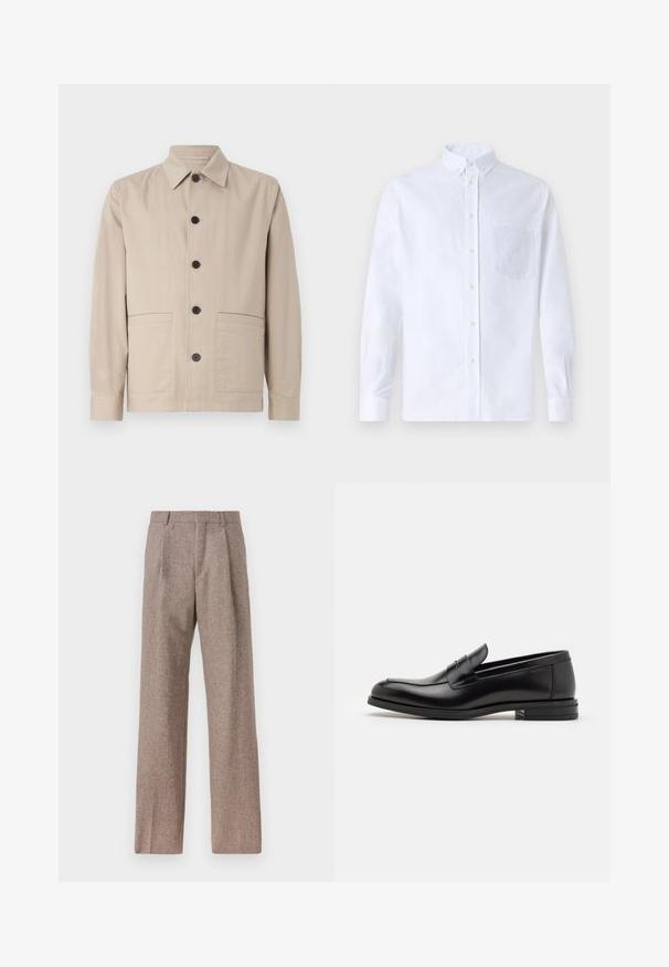Beżowa kurtka z kołnierzykiem, zapięcie na guziki z przodu i dwiema kieszeniami naszytymi. Wykonana z lekkiego materiału o gładkiej fakturze.; Biała koszula z długim rękawem na guziki, wykonana z bawełny, z kieszonką na piersi z tonowym haftem, kołnierzykiem i zapięciem na guziki przy mankietach.; Brązowe, wysokiej talii spodnie wykonane z teksturowanej tkaniny. Posiadają szerokie nogawki i dwa przednie zakładki dla lepszej struktury. Starannie wykończone, bez widocznych elementów metalowych.; Czarne skórzane mokasyny o gładkiej fakturze, zaokrąglonym nosku i dekoracyjnym pasku na przodzie. Niski, warstwowy obcas, minimalistyczny design.