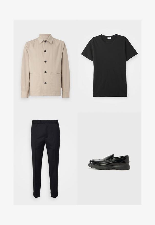 Beige takki, jossa on kaulus, etu nappisulku ja kaksi läppätaskua. Valmistettu kevyestä kankaasta, jossa on sileä tekstuuri.; Musta lyhythihainen T-paita pyöreällä pääntielle, valmistettu sileästä puuvillakankaasta. Yksinkertainen muotoilu ilman kuvioita tai yksityiskohtia.; Mustat housut, jotka on valmistettu kevyestä kankaasta, jossa on joustava vyötärö, sivutaskut ja käännetyt hihansuut. Sileä pinta, jossa on etupleatit.; Mustat nahkakengät, joissa on kiiltävä pinta, pyöreä kärki, huomaamaton ompelu ja paksu kumipohja kestävyyttä varten.