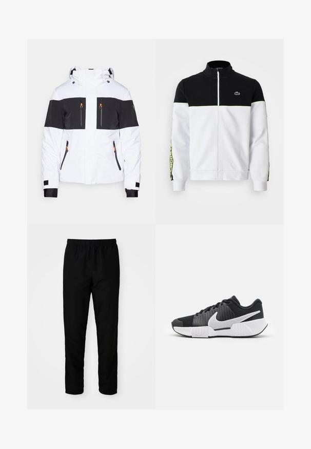 EA7 Emporio Armani KITZBUHEL COLORBLOCK JACKET - Skijacke - white; Vollzip-Jacke mit schwarzem Oberteil, weißem Unterteil, neongrünen Akzenten, gemusterten Seitestreifen und kleinem grünen Krokodil-Logo auf der Brust.; Drei weiße, gerippte Tanktops aus Baumwolle. Merkmale einen Rundhalsausschnitt und kleine schwarze Etiketten am Saum. In mehreren Größen erhältlich.; Schwarze Hose mit elastischem Bund und gerader Passform, aus glattem Stoff gefertigt, mit elastischen Bündchen an den Knöcheln und ohne sichtbare Taschen.; Schwarze Sportschuhe mit einer strukturierten Oberseite, weißem Swoosh-Logo, gepolstertem Fersenbereich und einer kontrastierenden weißen Sohle mit einem Zickzackmuster.