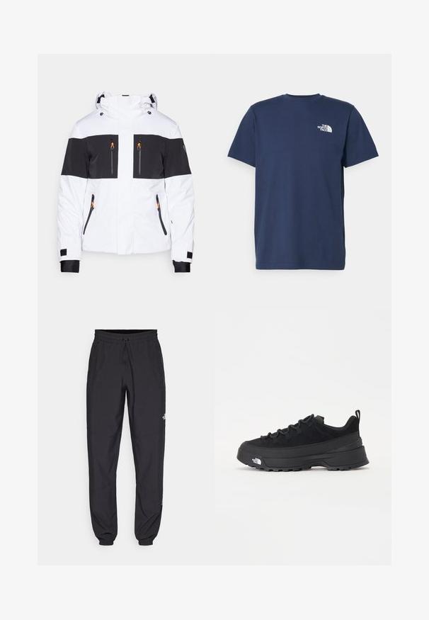 EA7 Emporio Armani KITZBUHEL PROTECTUM biały; Granatowa koszulka z krótkim rękawem z bawełny, z okrągłym dekoltem. Posiada małe białe logo na lewej piersi. Gładka faktura.; Czarne spodenki sportowe wykonane z lekkiego materiału, z elastycznym pasem na sznurek, bocznymi kieszeniami i zwężanymi mankietami przy kostkach.; Czarne sneakersy outdoorowe z zamszowym wierzchem, teksturowaną gumową podeszwą i solidnym systemem sznurowania. Posiadają wzmocnioną piętę oraz logo marki na boku.