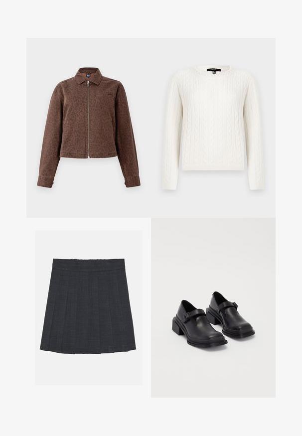 Smeđi jakna s uzorkom leoparda, s kragnom, zatvaranjem na patentni zatvarač i jednim džepom na prsima. Izrađena od mekog, teksturiranog materijala s dugim rukavima.; Bijela pletiva s uzorkom, dugih rukava, okruglog izreza, s ukrasnim bisernim detaljem na ovratniku. Mekana tekstura i prilagođeni dizajn.; Tamno siva plisirana suknja s elastičnom pasicom, s teksturiranim materijalom i klasičnim A-siluetom. Prikladna za svakodnevno nošenje.; Crne kožne cipele s okruglim vrhom, ravnim đonom i remenom s detaljem kopče. Debeli blok peti za dodatnu stabilnost.