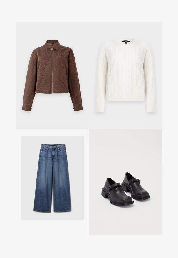 Veste en simili léopard marron avec col, fermeture éclair et une poche poitrine. Fabriquée en tissu doux et texturé avec des manches longues.; Pull en maille blanche avec des manches longues, un col rond et un accent décoratif en perles au niveau du col. Texture douce et design ajusté.; Jean en denim bleu à jambes larges avec une finition délavée, doté d'une fermeture à bouton et à glissière, de cinq poches et de passants de ceinture.; Chaussures en cuir noir avec un bout arrondi, semelle plate et une sangle avec une boucle décorative. Talon épais pour plus de stabilité.