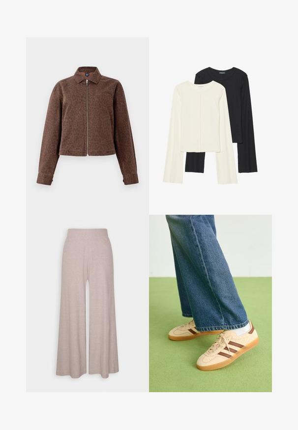 Hnědá bunda s leopardím potiskem, límečkem, zipem a jednou náprsní kapsou. Vyrobena z měkké, strukturované látky s dlouhými rukávy.; Souprava dvou dlouhých rukávů v bílé a černé barvě. Hladká textura, kulatý výstřih, upnutý střih s mírně rozšířenými rukávy.; Světle šedé široké kalhoty vyrobené z měkké jemně žebrované látky, s vysokým pasem a dlouhými nohavicemi s jemnou texturou.; Beige tenisky s texturovanými krémovými panely a hnědými pruhy, kombinované s modrými džínovými kalhotami. Džínsy mají široké nohavice a roztrhaný lem.