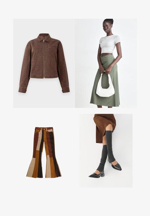 Braune Jacke im Leopardenprint mit Kragen, Reißverschluss und einer Brusttasche. Hergestellt aus weichem, strukturiertem Material mit langen Ärmeln.; Weißes ärmelloses rippenstrick Tanktop mit goldener metallischer Schrift "Cowgirl" auf der Brust, präsentiert vor einem schlichten Hintergrund.; Schlaghosen aus Cordstoff mit einem gestreiften Muster in Braun-, Beige- und Goldtönen, mit Taschen und farbigem Bund.; Schwarze lacklederne spitze Schuhe mit Blockabsatz und Knöchelriemen, kombiniert mit grauen gerippten Beinstulpen und einem braunen Wildlederrock.; Grauer gerippter Croptop und olivgrüner Rock mit hoher Taille. Das Modell hält eine weiße Schultertasche mit Ausschnittdetails. Schlichte Gestaltung, taillierte Silhouette.