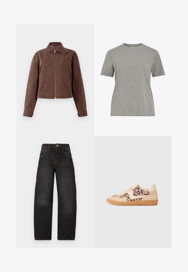 Veste en simili léopard marron avec col, fermeture éclair et une poche poitrine. Fabriquée en tissu doux et texturé avec des manches longues.; T-shirt gris en coton avec un col rond classique, des manches courtes et une texture lisse, idéal pour un usage décontracté.; Jeans noirs en denim avec une coupe droite, cinq poches, coutures visibles et une fermeture à bouton sur le devant. Tissu texturé avec un léger effet délavé.; Baskets en imprimé léopard avec tige en suède beige, semelle en caoutchouc tan et accents blancs. Bout rond et design à lacets avec une finition texturée.