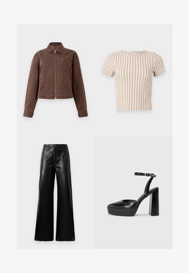 Brown leopard-print jacket with a collar, zip closure, and a single chest pocket. Made from soft, textured fabric with long sleeves.; Beige short-sleeve top with horizontal navy stripes. Features a round neckline and ribbed texture, offering a fitted silhouette.; Black high-waist wide-leg faux leather pants with front button, zip closure, belt loops, and side pockets on white background.; Black platform heels with a pointed toe and adjustable ankle strap. Constructed from smooth leather, featuring a chunky block heel.