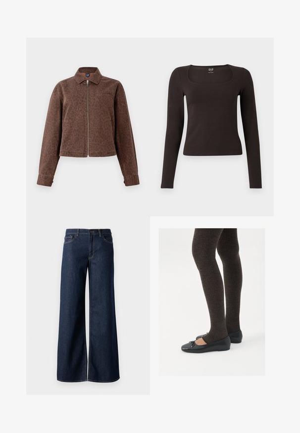 Barna leopárdmintás dzseki, gallérral, cipzáros záródással és egyetlen mellzsebbel. Puha, textúrált anyagból készült, hosszú ujjakkal.; Fekete, hosszú ujjú, elasztikus felső négyzet alakú dekoltázzsal, GAP felirattal, fehér háttér előtt bemutatva.; Sötét kék farmer széles lábú nadrág. Kontrasztos varrással, öt zsebhálóval és gombos derékzárással rendelkezik. Simás textúra.; Fekete lapos cipők kis masni díszítéssel az orrán, sötétbarna bordázott harisnyával párosítva. A cipők sima textúrával és alacsony profilúak.