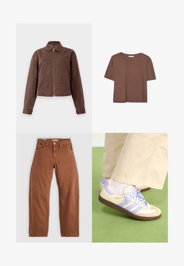 Giacca marrone con stampa leopardata, colletto, chiusura con zip e una tasca sul petto. Realizzata in tessuto morbido e testurizzato con maniche lunghe.; Maglietta a maniche corte marrone realizzata in tessuto morbido, con scollatura rotonda e vestibilità rilassata. Nessun motivo o dettaglio visibile.; Jeans dritti di colore marrone ruggine con tasche anteriori e posteriori, rivetti metallici, chiusura con bottone e passanti per cintura, disposti su uno sfondo bianco.; Sneakers crema e lavanda con tre strisce e suola marrone texturizzata, dotati di lacci e tallone imbottito. Parte superiore in tessuto morbido.