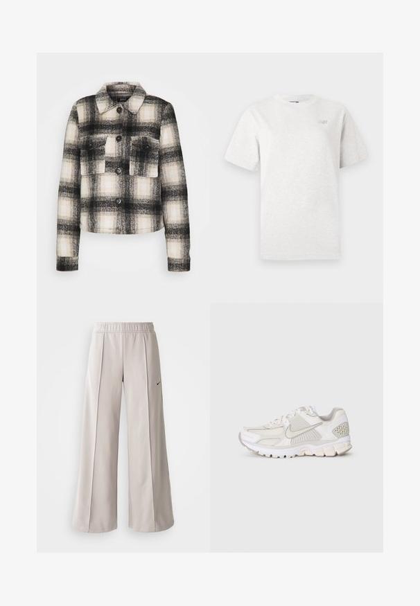 ONLY Tall ONLLOU SHORT CHECK JACKET - Casaco de verão - pumice stone; T-shirt cinza de mangas curtas, feito de algodão macio, com decote redondo e um pequeno logótipo no lado esquerdo do peito.; Calças largas de tom cinza claro feitas de tecido suave. Apresentam uma cintura elástica e o logo da Nike em preto no lado esquerdo.; Sapatilha atlética branca com materiais em malha e sintéticos. Apresenta um design texturizado, colarinho almofadado e acentos geométricos no calcanhar.