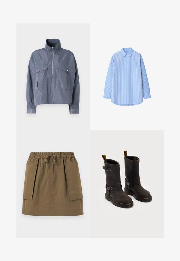 Lühendatud sinine jakk kergest, läikivast materjalist, kõrge krae, pool tõmblukk ees ja kaks klapiga taskut rinna peal.; Heledad sinine nööbiga särk valgete vertikaalsete triipudega, pika varrukaga, krae ja ümmargune äär. Valmistatud siledast kangast, mille tekstuur on kvaliteetne.; Pruun ja valge triibuline lühikeste varrukatega T-särk ümmarguse kaeluse ja väikese logoga rinnal. Valmistatud pehmest puuvillast materjalist.; Olive roheline, põlvepikkune seelik, millel on elastne vöökoht, nöör ja kaks suurt küljetaskut. Valmistatud kergest kangast, millel on nähtavad õmblused.; Tumedate pruunid nahast saapad keskmise kannaga, kollased õmblused, reguleeritavad klambrid ja tõmblukud ülaosas. Marmoreeritud viimistlus.