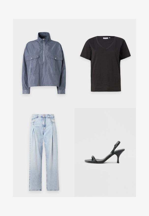 Sagriezta zila jaka no viegla, spīdīga materiaļa ar augstu apkakli, puscirtu priekšpusi un divām kabatām uz krūtīm ar atloku.; Melnas kokvilnas T-krekls ar V veida kakla izgriezumu un īsām piedurknēm. Vienkāršs dizains ar regulāru piegriezumu un bez rakstiem vai akcentiem.; Gaiši zilas džinsu bikses ar augstu jostasvietu, plats kāju griezumu, divām sānu kabatām un krokotā dizaina akcentiem. Mīksta tekstūra ar izdilušu apdari.; Melnas ādas augstpapēžu sandales ar plānu, izliekta formas papēdi un krustenisku siksnu dizainu. Regulējama potītes siksna. Gluda tekstūra.