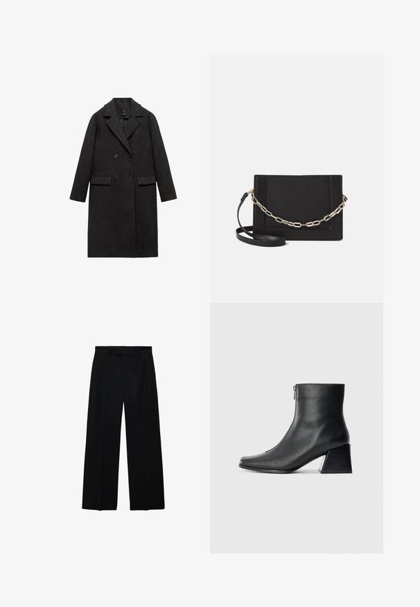 Cappotto di lana grigio scuro con design doppiopetto, rever a punta, due tasche frontali e maniche lunghe.; Maglione nero lavorato a maglia con scollatura a girocollo a coste, maniche lunghe e orlo dritto. Texture morbida, design minimalista e stile versatile.; Pantaloni neri a vita alta con gamba larga, dotati di passanti per cintura e tasche laterali, con chiusura frontale a zip e bottone.; Stivaletto in pelle nera con punta quadrata, cerniera laterale e tacco squadrato su sfondo chiaro uniforme.; Borsa a tracolla nera in pelle con una texture liscia, forma rettangolare e dettaglio in catena metallica sul davanti. Inclusa una tracolla regolabile.