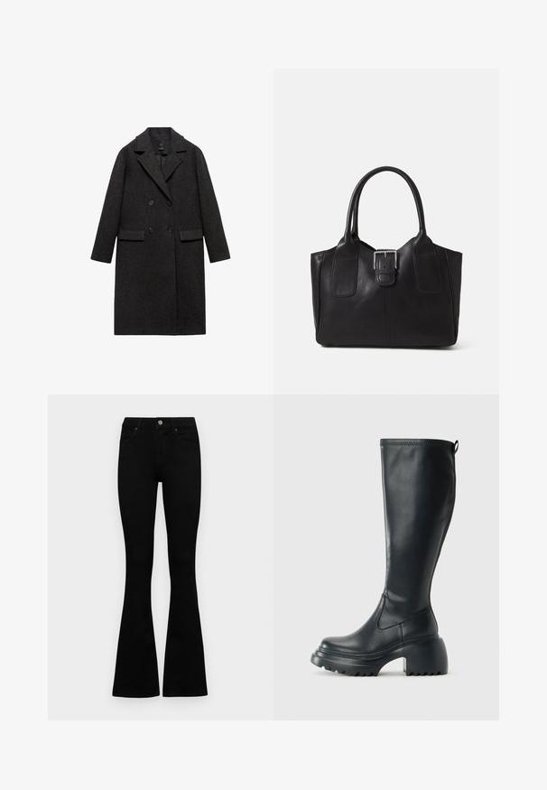 Dunkelgrauer Wollmantel mit doppelter Knopfleiste, Reverskragen, zwei vorderen Taschen und langen Ärmeln.; Schwarzes Baumwoll-T-Shirt mit kurzen Ärmeln, das ein kleines pinkes Schmetterlingsmotiv auf der linken Brust zeigt. Crewneck-Design mit einem entspannten Schnitt.; Schwarze hochtaillierte Jeans mit einem Knopf- und Reißverschluss, Fronttaschen und ausgestellten Beinen, flach auf einem weißen Hintergrund ausgelegt.; Hoher schwarzer Lederstiefel mit einer robusten Plateausohle und Blockabsatz, der über eine Zuglasche und ein strukturiertes Profil an der Außensohle verfügt.; Schwarze Leder-Tote mit glatter Textur, strukturiertem Design, zwei Griffen und einem auffälligen silbernen Schnallen-Detail auf der Vorderseite.