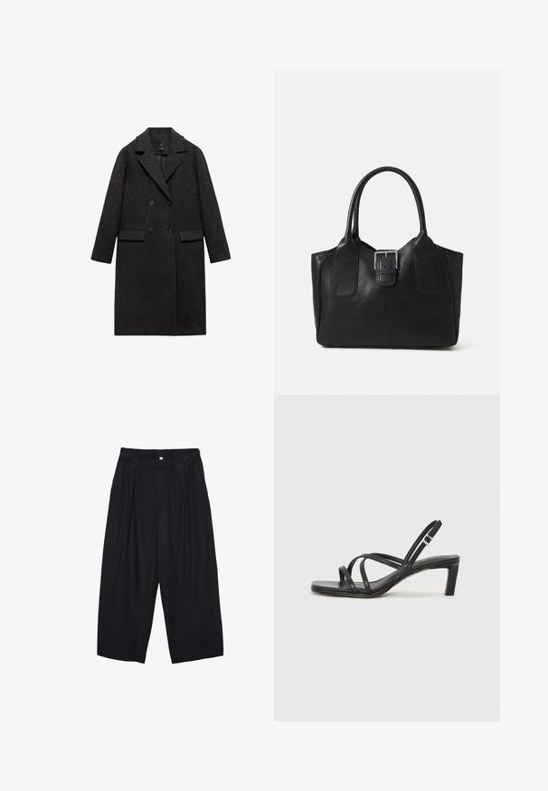 Tamno sivi vuneni kaput s dvostrukim kopčanjem, jašastim reverom, dva prednja đepa i rukavima pune dužine.; Crni top bez rukava od pamuka, s okruglim izrezom i širokim izrezima za ruke. Glatka tekstura s ušivenim rubovima. Klasičan, minimalistički dizajn.; Crne poliester hlače culotte s elastičnim pojasom, dva prednja nabora i širokim krojem. Nema vidljivih uzoraka ili metalnih detalja.; Crne sandale s trakama, kvadratnim prstom i niskom blok petom. Ima više tankih trakica i podesivu trakicu oko gležnja. Izrađene su od glatke kože.; Crna kožna torba za nošenje s glatkom teksturom, strukturiranim oblikom, dvije ručke i istaknutim srebrnim kopčanjem na prednjoj strani.