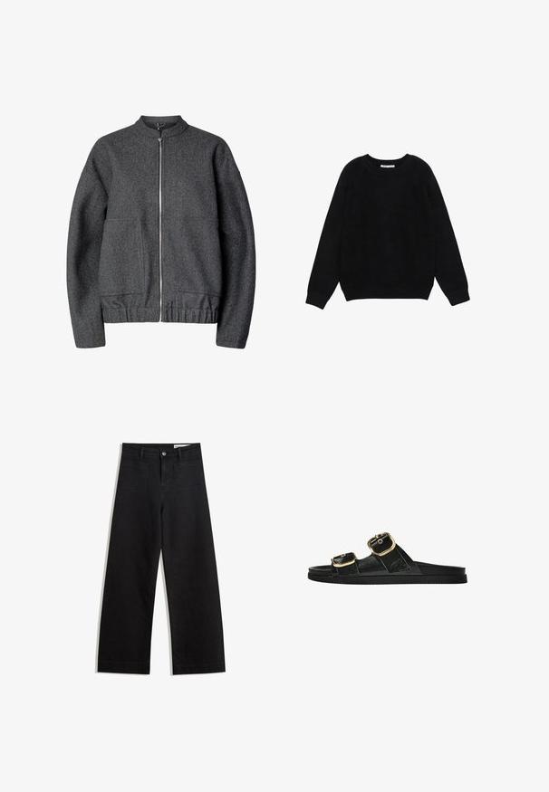 Graue Wollbomberjacke mit rundem Kragen, Reißverschluss vorne, zwei Seitentaschen sowie elastischem Bund und Bündchen.; Schwarzer Rundhalspullover mit langen Ärmeln, gerippten Bündchen und Saum, flach auf weißem Hintergrund dargestellt.; Schwarze weit geschnittene Jeans mit hoher Taille, ausgestattet mit Vorder- und Hintertaschen, gesteppten Nähten und einem Knopfverschluss. Glatte Textur.; Schwarze Riemensandale mit zwei goldenen Schnallendetails, glattem Material, flachem Sohlen und minimalistischer Gestaltung.