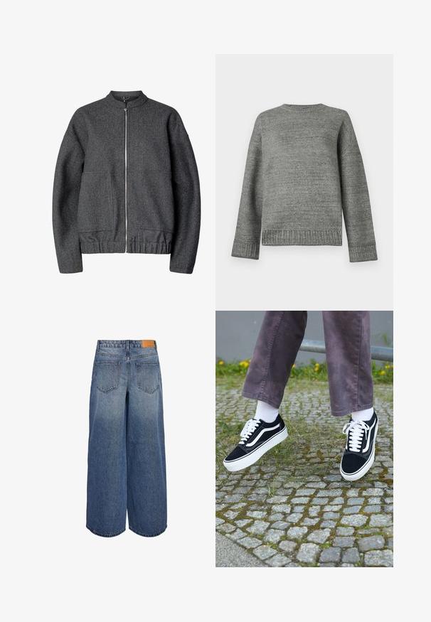 Grå uld bomberjakke med rund krave, lynlås foran, to sidelommer og elastisk talje og mansjetter.; Grå strikket sweater med rund halsudskæring, sænkede skuldre og ribbede manchetter og kant. Glat tekstur med en ensfarvet overflade og minimal dekoration.; Bredde ben denim culottes i mellemblå vask med en falmet tekstur, der har to baglommer og et brunt lædermærke på taljen.; Sorte ruskinds sneakers med hvide accenter, med rund tå, tyk hvid sål og klassisk snørebåndsdesign, båret med hvide sokker og lilla bukser.