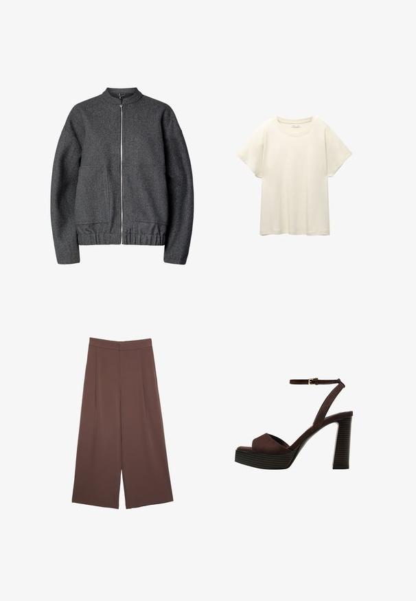 Šedá vlnená bomber bunda s okrúhlym golierom, predným zipsom, dvoma bočnými vreckami a elastickým pásom a manžetami.; Svetlo béžové tričko s krátkym rukávom a okrúhlym výstrihom, vyrobené z jemnej, hladkej tkaniny. Má voľný strih a rovný lem.; Hnedé nohavice so širokými nohavicami a hladkou textúrou, s vysokým pásom a prednými skladmi. Tkanina je ľahká a voľne sa pohybuje.; Hnedé semišové sandále na vysokom podpätku s otvorenou špičkou, nastaviteľným členkovým remienkom a pruhovanou platformovou podrážkou.