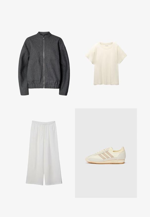 Siva vunena bomber jakna s okruglim ovratnikom, prednjim zatvaranjem na patentni zatvarač, dva bočna džepa i elastičnim pojasom i manžetama.; Svijetlo bež majica kratkih rukava s okruglim izrezom, izrađena od meke, glatke tkanine. Karakterizira je opušteni kroj i ravni rub.; Bijele hlače širokog kroja izrađene od lagane tkanine, s elastičnim pojasom i vezicom za prilagodljivu veličinu. Glatka tekstura.; Kremaste atletske tenisice s tri bež pruge, od nubuk kožne i tekstilne tkanine, s teksturiranim potplatom i utisnutim brendiranjem na peti.