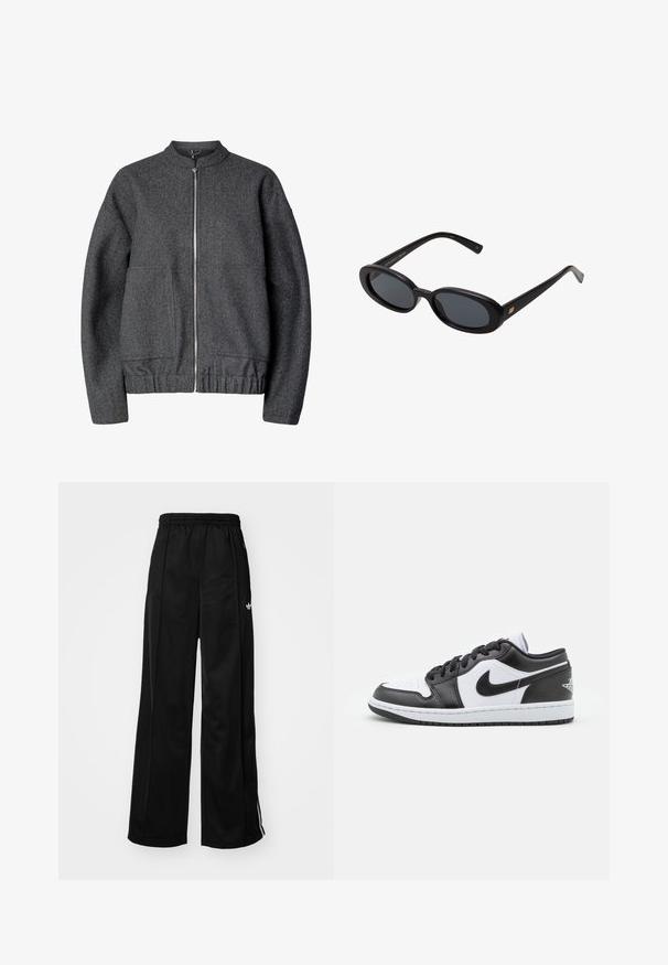 Grijze wollen bomberjack met een ronde kraag, een ritssluiting aan de voorkant, twee zijzakken en een elastische tailleband en manchetten.; Langarmige witte cropped t-shirt, gemaakt van zachte stof, heeft een ronde hals en een losse pasvorm met omgeslagen mouwen. Eenvoudig en strakke ontwerp.; Zwarte wijde trainingsbroek met een elastische tailleband, voorzien van witte zijkanten en een klein logo op de linker heup. Stevige stoftextuur.; Zwart-witte Nike lage sneakers hebben een glad leren bovenwerk, een ronde neus, vetersluiting en een gestippelde rubberen zool.; Zwarte oversized zonnebril met ovale lenzen, een glad plastic montuur en gouden accenten op de pootjes. Donkere lenzen bieden bescherming tegen de zon.