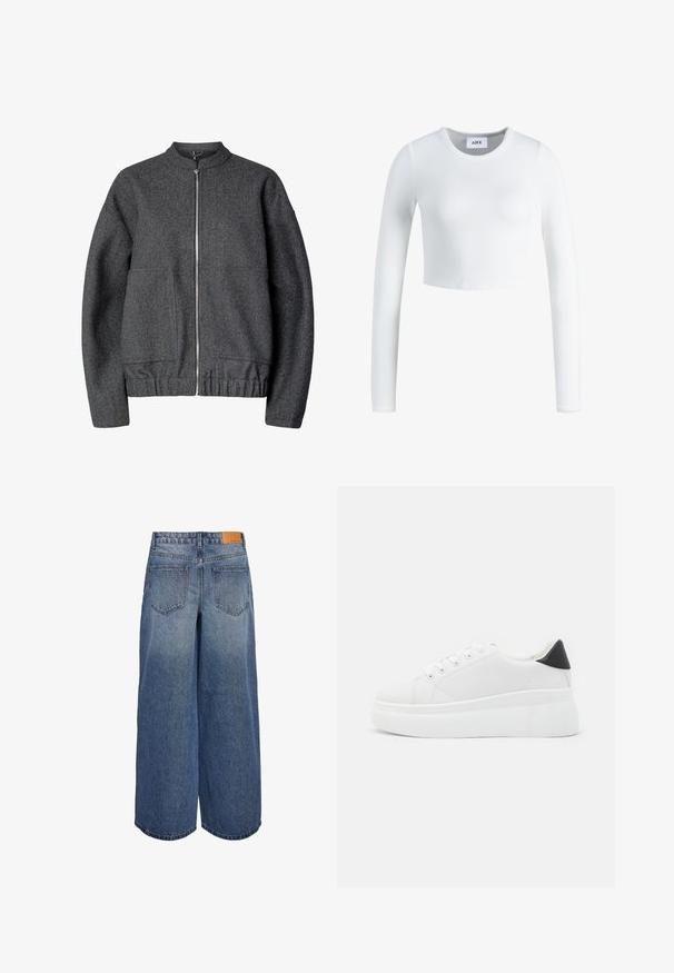 Grå ull bomberjakke med rund krage, frontglidelås, to sidelommer og elastisk midje og mansjetter.; Hvit langermet crop topp laget av ribbete stoff. Har en rund halslinning og en tettsittende design. Etikett synlig inni ved halsen.; Bredde ben denim culottes i middels blå vask med en falmet tekstur, med to baklommer og en brun lærmerke på midjebåndet.; Hvite plattform sneakers laget av glatt syntetisk materiale, med rund tå, snøring og en strukturert gummisåle. Svart hæl akcent.