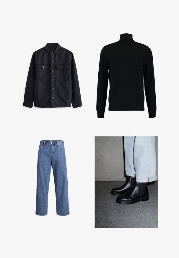 Mornarska srajca na gumb iz bombažne tkanine, z nazobčanim ovratnikom, dvema sprednjima žepoma s klapnami in rjavimi gumbi. Gladka tekstura.; Črn pulover s turtleneck ovratnikom, izdelan iz mehkega pletenega materiala. Ima dolge rokave, rebrast ovratnik in rob. Preprost, eleganten dizajn brez vzorcev.; Svijetloplave traperice s ravnim nogavicama, visokim strukom i minimalnim detaljima šivanja. Tkanina ima mekan, blago izblijedjeli izgled.; Črne usnjene Chelsea škornje z elastičnimi stranskimi ploščami in teksturiranim gumijastim podplatom, v kombinaciji z svetlo modrimi zvijanimi kavbojkami.