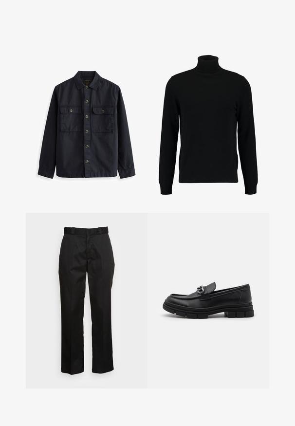 Tumes sinine nööpidega särk puuvillakanga vältel, millel on terav krae, kaks esikotti klappidega ja pruunid nööbid. Sujuv tekstuur.; Musta kõrge kaelusega kampsun, mis on valmistatud pehmest kudumist materjalist. Omab pikki varrukaid, soonikpitsiga kaela- ja alumist äärt. Lihtne ja sujuv disain ilma mustriteta.; Mustad püksid, mis on valmistatud siledast kangast, sirge säärega disainiga, vöökummide ja kahe külje taskuga. Klassikaline välimus ilma kaunistusteta.; Must hästnahkade läiked, millel on ümar nina, dekoratiivne rihm ja hõbedased detailid ning paks tekstureeritud talla. Sile viimistlus koos peente detailidega.