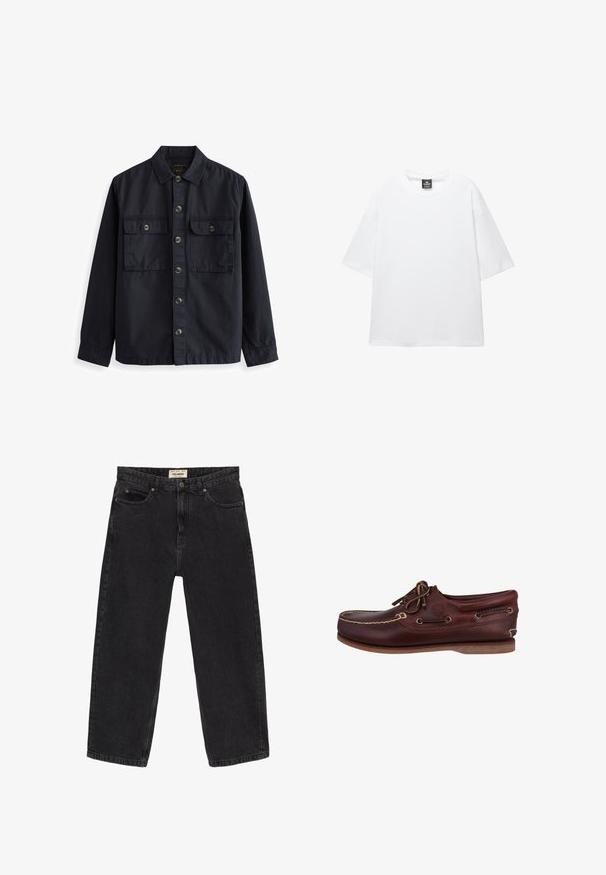 Granatowa koszula zapinana na guziki z bawełny, z ostro zakończonym kołnierzykiem, dwiema przednimi kieszeniami z klapkami oraz brązowymi guzikami. Gładka struktura.; Biała, oversize t-shirt z krótkimi rękawami, okrągłym dekoltem i miękkiej bawełnianej tkaniny. Posiada czarną metkę na dekolcie. Bez wzorów ani akcentów.; Czarne dżinsy o luźnym kroju. Posiadają pięć kieszeni, zapięcie na guzik z przodu oraz detale przeszycia. Lekko wypłowiały wygląd.; Czerwone skórzane buty żeglarskie z okrągłym noskiem, kontrastującymi przeszyciami, sznurowanym designem oraz gumową podeszwą zapewniającą przyczepność. Widoczna logo Timberland.