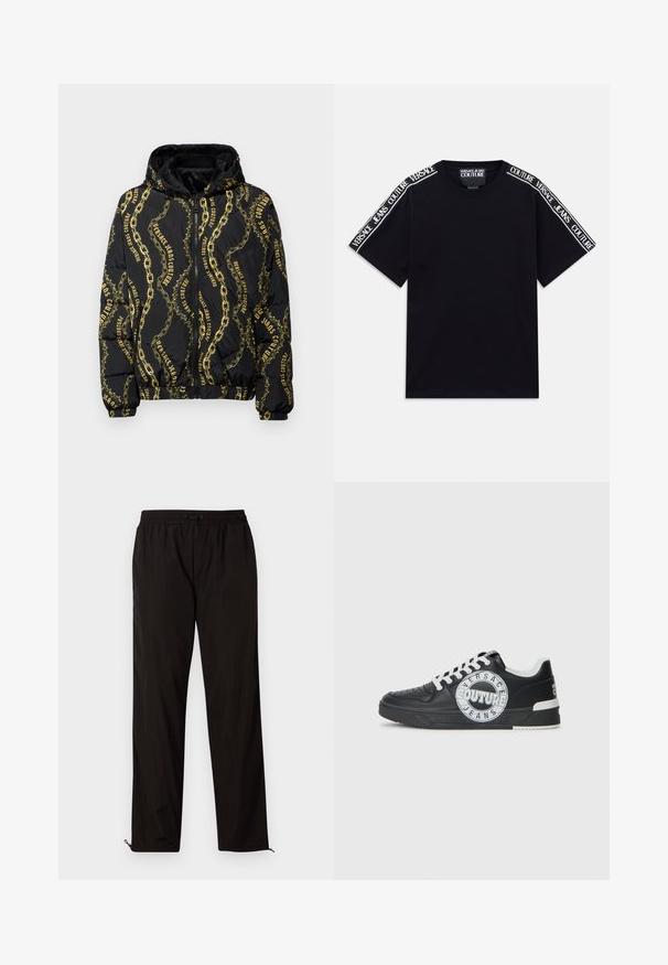 Melnā pūkainā jaka ar kapuci, ar zelta ķēdi un "Versace Jeans Couture" teksta rakstu. Priekšējā rāvējslēdzēja aizdare un elastīgas aproces.; Melnas īsām piedurknēm T-krekls ar baltām "Versace Jeans Couture" teksta joslām, kas iet gar pleciem un augšējām piedurknēm.; Melni viegli bikses ar elastīgu jostu, aukliņu aizdari un rāvējslēdzēju apakšmalā regulējamai fitē. Gluda, eleganta tekstūra.; Melnas ādas sporta kurpes ar baltām akcentiem, apaļu logo detaļu, perforētu purngali un kontrastējošu zoli. Iekļautas baltas šņorītes un zīmols.