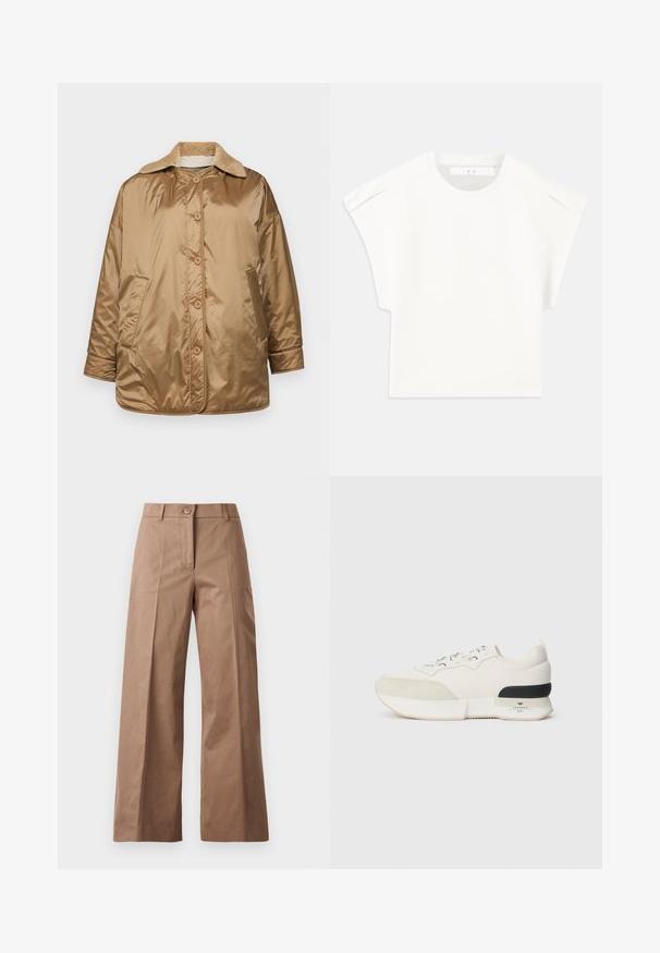 WEEKEND MaxMara DRAVA - Lagana jakna - cammello; Bijela majica u kutijastom kroju s kratkim rukavima. Izrađena od glatkog materijala, sa okruglim izrezom i suptilnim naglascima na ramenima. Jednostavan dizajn.; Smeđe hlače širokih nogavica od glatkog materijala, s prednjim zatvaračem na dugme, dvjema prednjim džepovima i čistim, oblikovanim linijama.; Bijela tenisica s teksturiranim nubuk prednjim dijelom, glatkim mrežastim gornjim dijelom, dekorativnim vezicama i crnim gumiranim akcentom na peti.